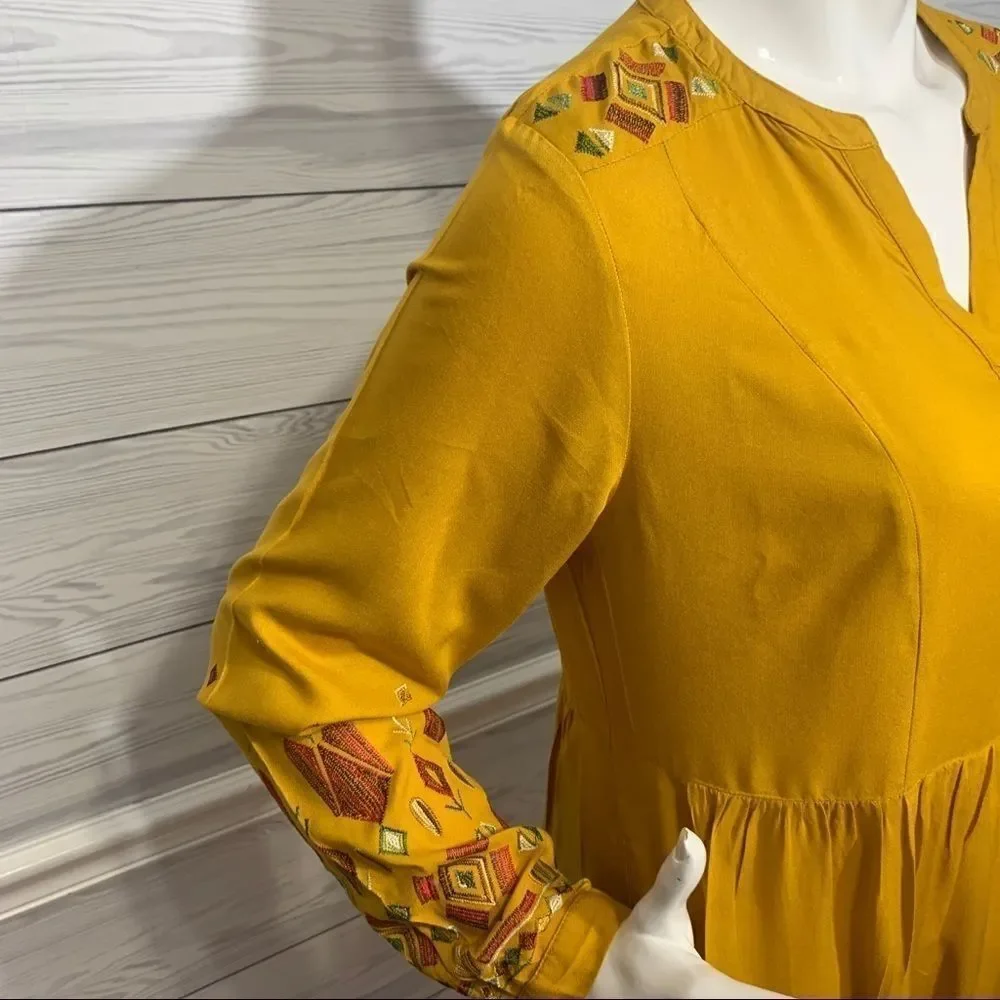 Beach Lunch Lounge Mustard Yellow Aztec Finely Embroidered Boho Dress - S‎